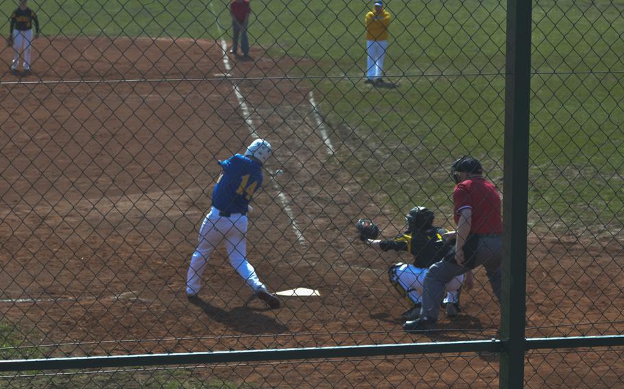 R Wilton of Wiesbaden takes a swing during a baseball game between Wiesbaden and Stuttgart, Saturday, March 26, 2016 at Clay Kaserne in Wiesbaden. Host Wiesbaden took both games of a doubleheader, coming from behind each time.