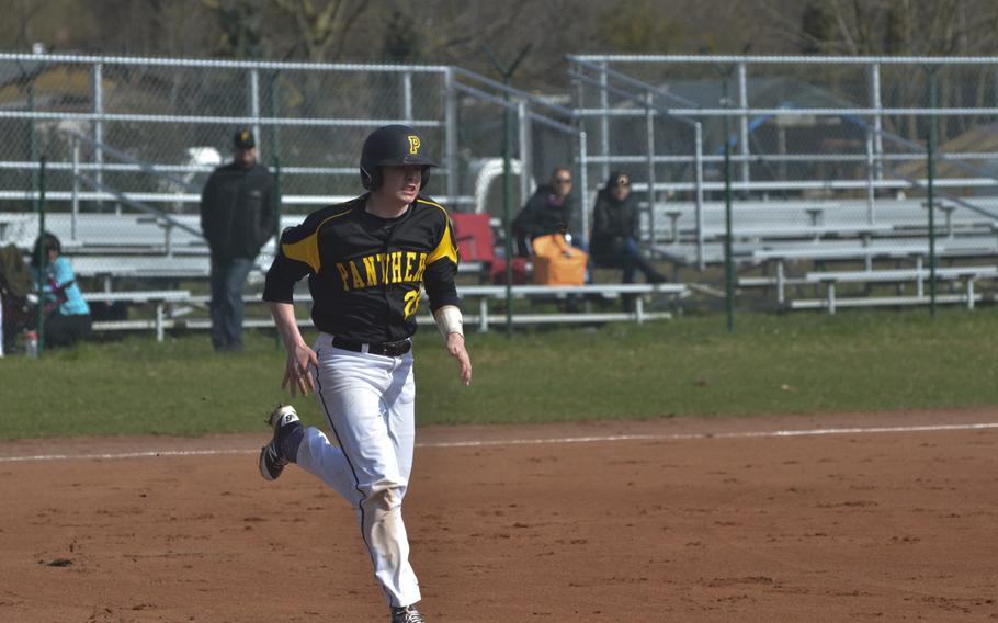 Lyle Babcock of Stuttgart hustles down the first-base line during a baseball game between Wiesbaden and Stuttgart, Saturday, March 26, 2016 at Clay Kaserne in Wiesbaden. Host Wiesbaden took both games of a doubleheader, coming from behind each time.