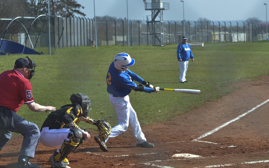 Parker Crumbly of Wiesbaden takes a swing during a baseball game between Wiesbaden and Stuttgart, Saturday, March 26, 2016 at Clay Kaserne in Wiesbaden. Host Wiesbaden took both games of a doubleheader, coming from behind each time.