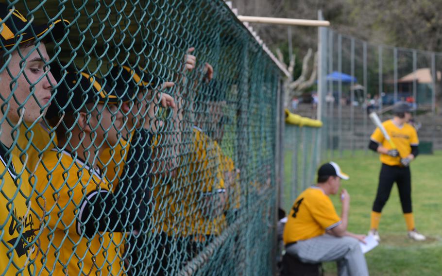 Members of the Vicenza Cougars baseball team watch play during their game against the Naples Wildcats on opening day of the 2016 DODEA-Europe season in Naples on Friday, April 1, 2016. 