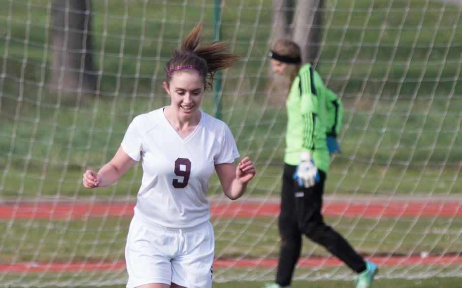 Vilseck's Bailey Rhodes celebrates a goal as her Falcons defeated the Hohenfels Tigers, 5-4 during a game in Vilseck, Germany, Thursday, April 7, 2016. 