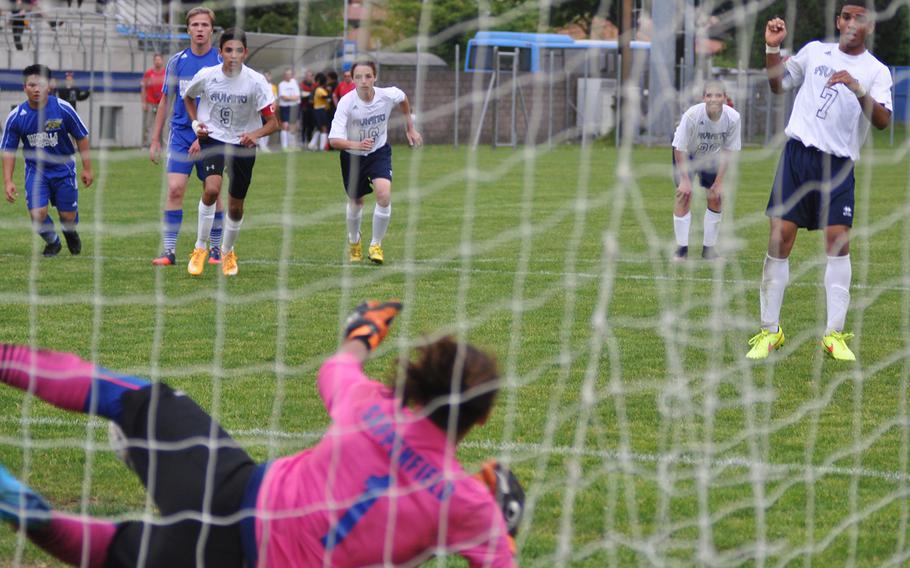 Sigonella goalkeeper Winston Sappenfield stopped Lorenzo King's penalty kick on Friday in the Saints' 4-0 victory.