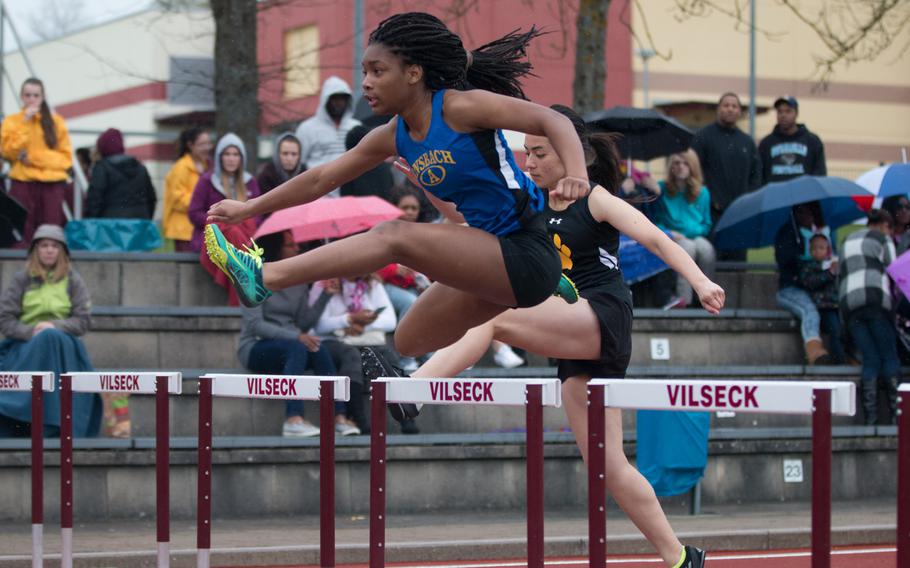 Ansbach's Alona Wright clears a hurdle during a DODEA-Europe track held in Vilseck, Germany, Saturday, April 23, 2016. Wright finished first in both the 100- and 300-meter hurdles. 