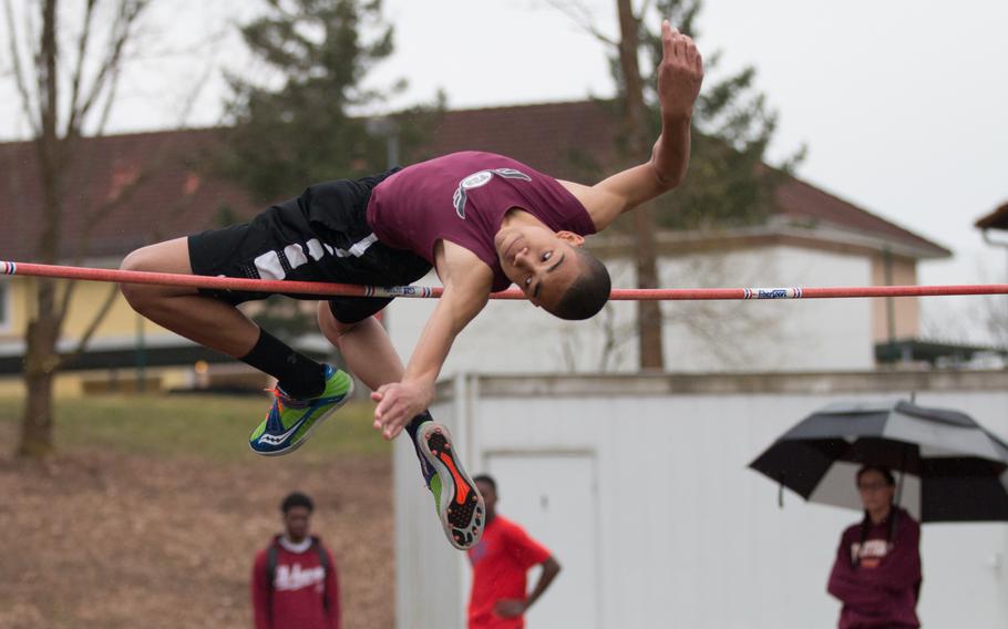 Vilseck's Joshua Sutton clears the high jump during a DODEA-Europe track meet on his home turf in Vilseck, Germany, Saturday, April 23, 2016. Sutton's high mark for the day was 5 feet, 4 inches. 