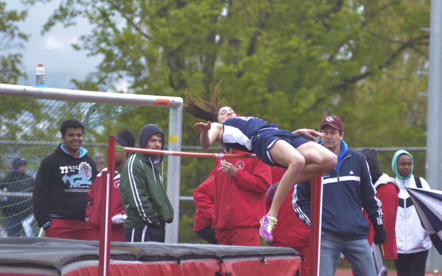 Erin Fortune of Black Forest Academy clears the high-jump bar during an 11-team meet at Wiesbaden, Saturday, April 23, 2016. Fortune, a junior, is a strong contender to take the trophy at the European championships in May, despite finishing a disappointing third last year.