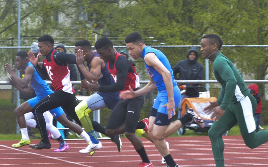 Spriners from six different schools get off to good starts in the 100-meter dash during an 11-team meet at Wiesbaden, Saturday, April 23, 2016. David Zaryczny of Kaiserslautern won the first heat and had the overall best time.