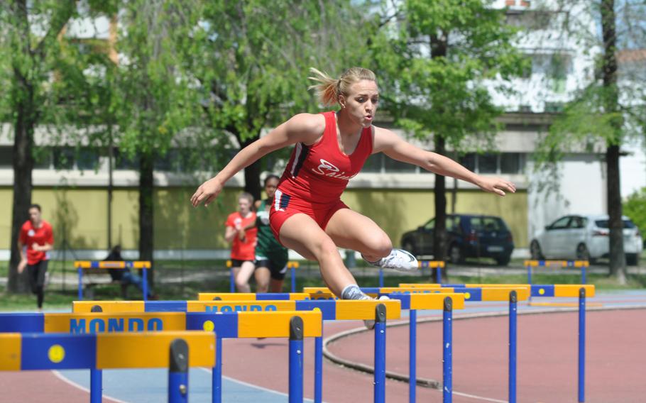 Aviano's Ellie Prewitt won the 300-meter hurdles in 54.04 seconds and also won the high jump and 100 hurdles for the Saints on Saturday.