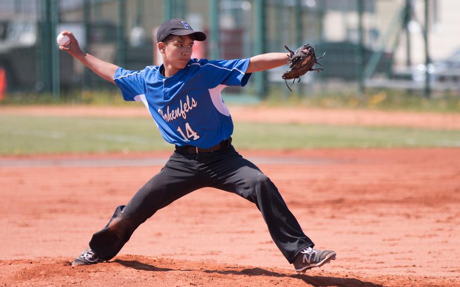Hohenfels' Michael Wall delivers a pitch during a DODEA-Europe doubleheader between the Bitburg Barons and the Tigers at Hohenfels, Germany, Friday, May 6, 2016. The
