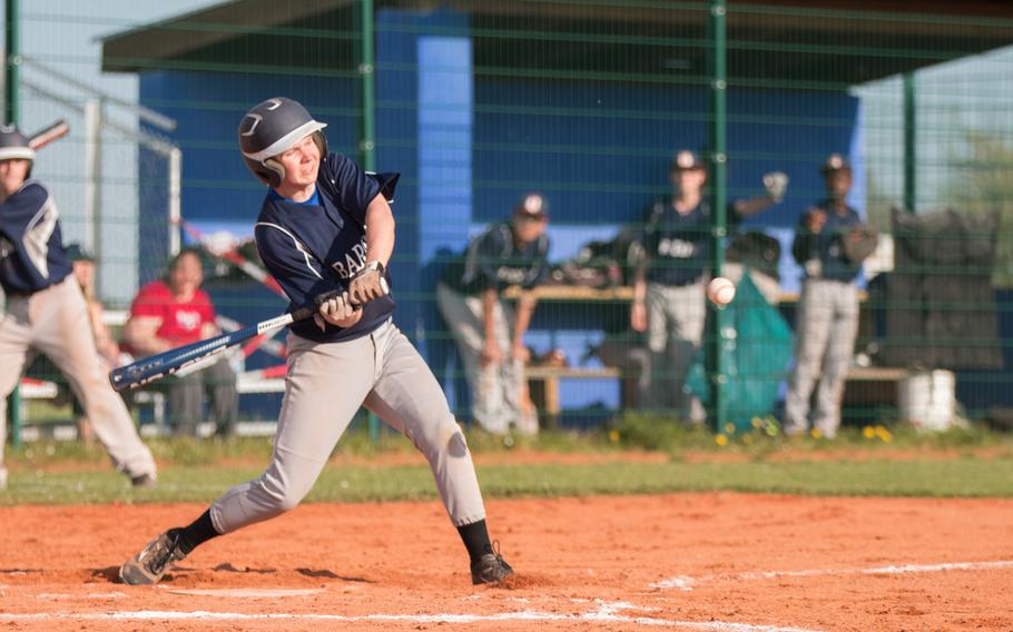Bitburg's Matt O'Conner swings at a pitch during the second game of a DODEA-Europe doubleheader between the Barons and the Hohenfels Tigers at Hohenfels, Germany, Friday, May 6, 2016. 