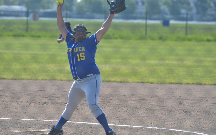 Camila San Miguel of Wiesbaden pitches during a doubleheader between the Royals and Warriors at Wiesbaden, May 7, 2016. Defending Division I champ Ramstein won both games by double digits.