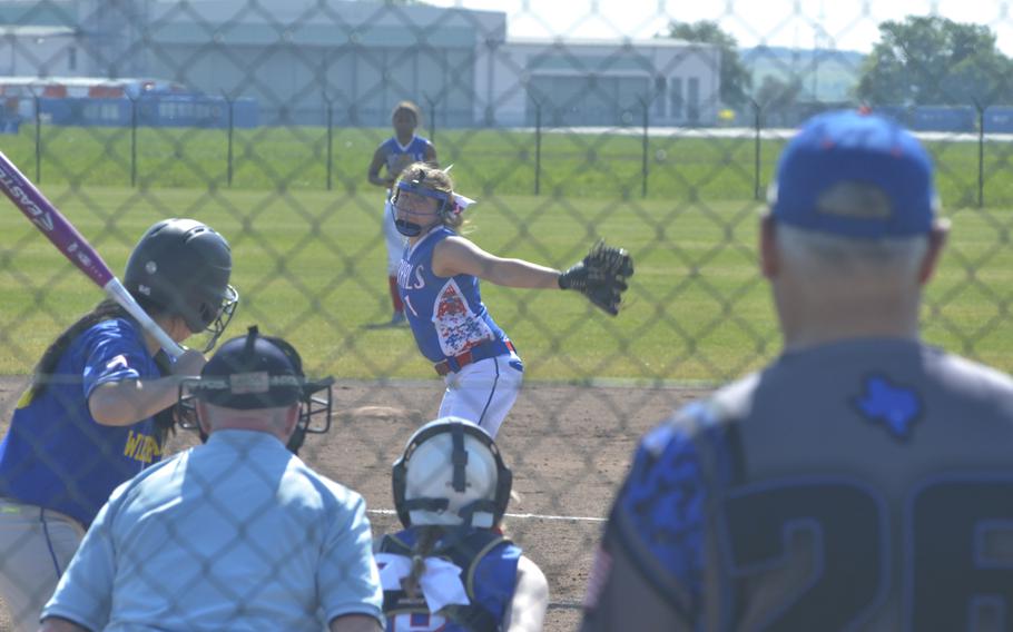 Ramstein's Abby Walker pitches during a doubleheader between the Royals and Warriors at Wiesbaden, May 7, 2016. Defending Division I champ Ramstein won both games by double digits.