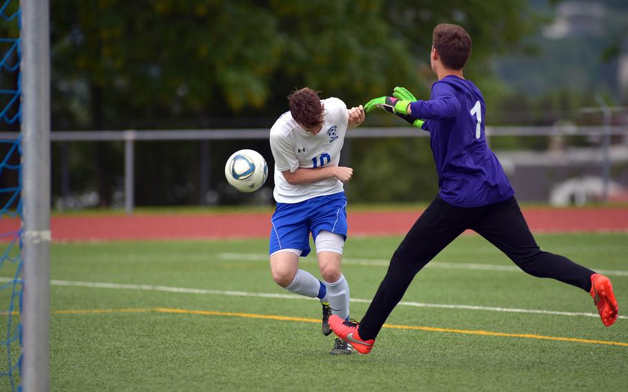Wiesbaden's Jaedon Schwartz nods in the ball for a goal after the ball got away from ISB keeper Alexander Dedekind.  Despite the mishap ISB went on to beat the Warriors 5-3 in Wiesbaden, Friday, May 13, 2016.
