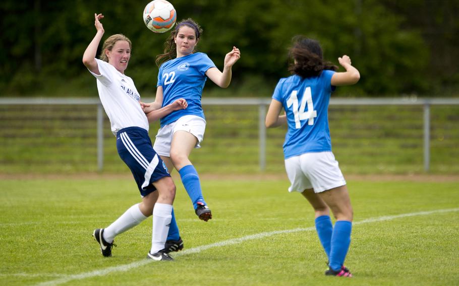 Black Forest Academy's Anna Kragt, left, and Marymount's Spela Kunstelj go for the ball during the DODEA-Europe soccer tournament in Landstuhl, Germany, on Wednesday, May 18, 2016. Black Forest Academy won the Division II match 3-0.