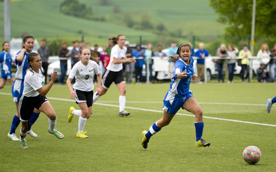 Wiesbaden's Gabrielle Diaz, right, asks a teammate to get open during the DODEA-Europe soccer semifinals in Reichenbach, Germany, on Friday, May 20, 2016. Wiesbaden lost the Division I match 2-1.