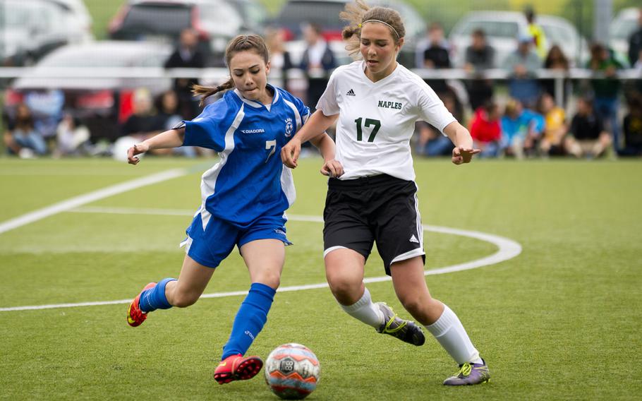 Wiesbaden's Allison Braden, left, and Naples' Julianna Roska battle for the ball during the DODEA-Europe soccer semifinals in Reichenbach, Germany, on Friday, May 20, 2016. Wiesbaden lost the Division I match 2-1.