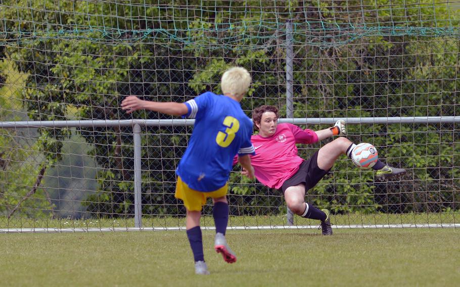 Marymount keeper Renato Andreozzi stops Carlo Marchi's shot in the shootout to give his team the victory in a Division II semifinal at the DODEA-Europe soccer championships in Reichenbach-Steegen, Germany, Friday May 20, 2016.