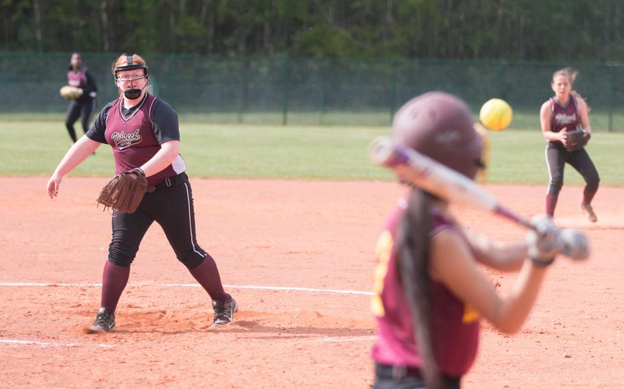 Vilseck's Avery Hicks pitched a no-hitter against the Baumholder Buccaneers to close out the Falcons' season during their double header in Vilseck, Germany on Friday, May 20, 2016.
