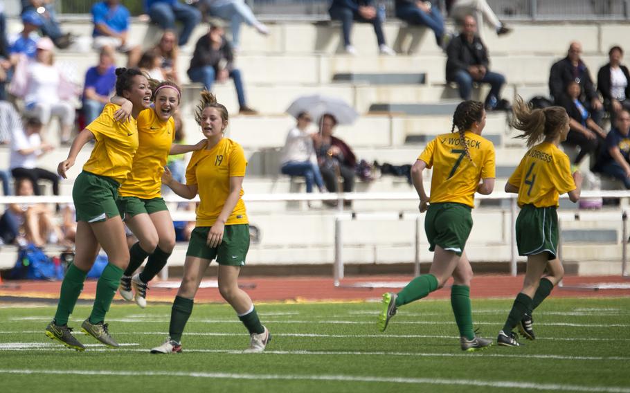 Alconbury celebrates winning the DODEA-Europe soccer Divison III championship in Kaiserslautern, Germany, on Saturday, May 21, 2016. Alconbury defeated Sigonella 1-0 for the title.