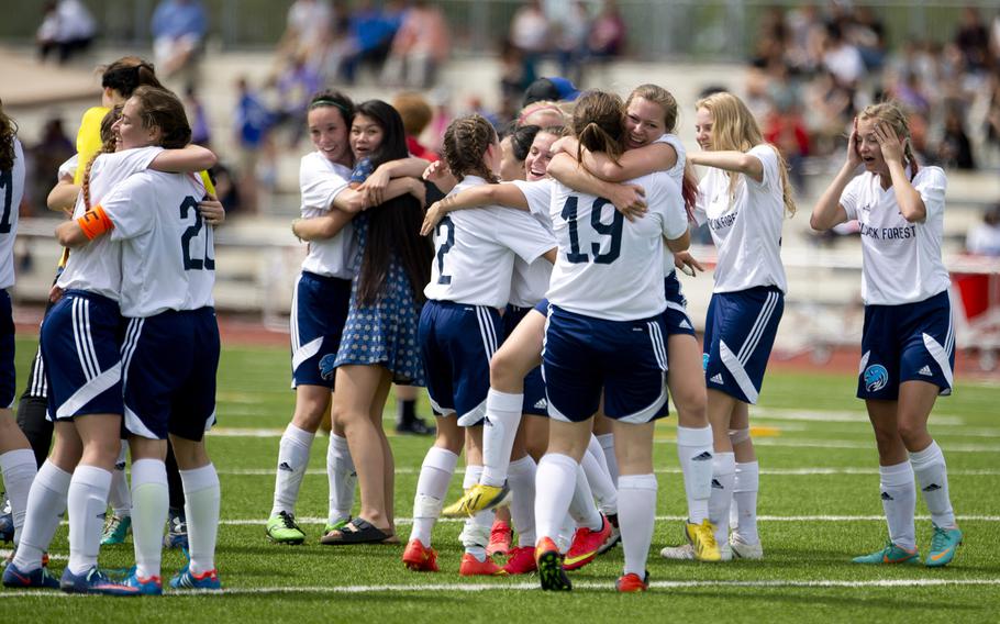 Black Forest Academy celebrates winning the DODEA-Europe soccer Divison II championship in Kaiserslautern, Germany, on Saturday, May 21, 2016. Black Forest Academy defeated Bitburg 2-0 to win the title.