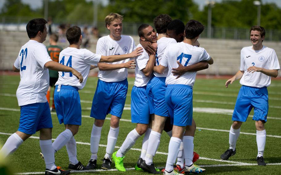 Marymount celebrates scoring a goal during the DODEA-Europe soccer Division II championship in Kaiserslautern, Germany, on Saturday, May 21, 2016. Marymount defeated AFNORTH 7-0 to win the title.