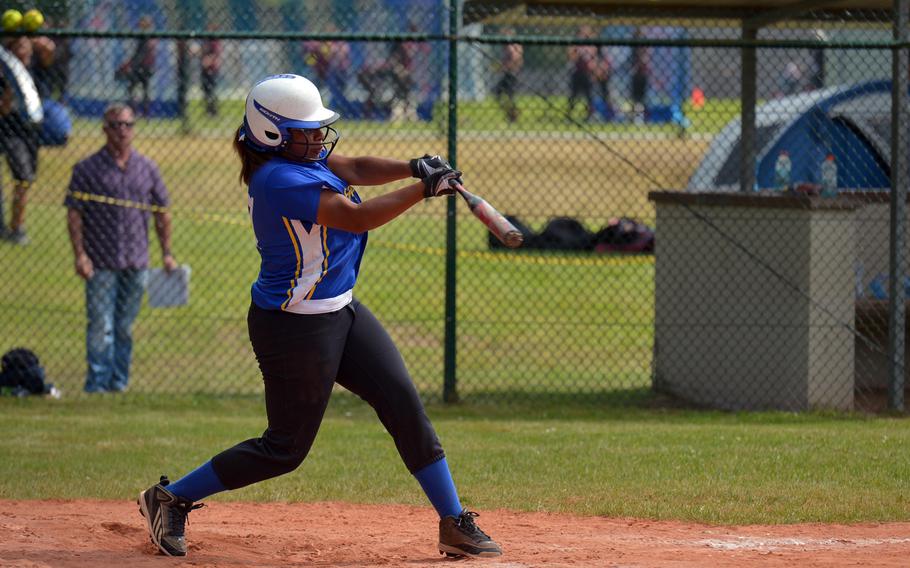 Sigonella's Kisiah Chandler connects for a home run in the Jaguars' 16-1 win over Bitburg in a Division II/III game at the DODEA-Europe softball championships in Ramstein, Germany, Thursday, May 26, 2016.