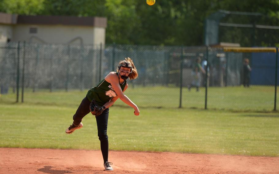 Naples' Sarah Kemp throws to first for an out in a Division I game against Vilseck at the DODEA-Europe softball championships in Ramstein, Germany, Thursday, May 26, 2016.