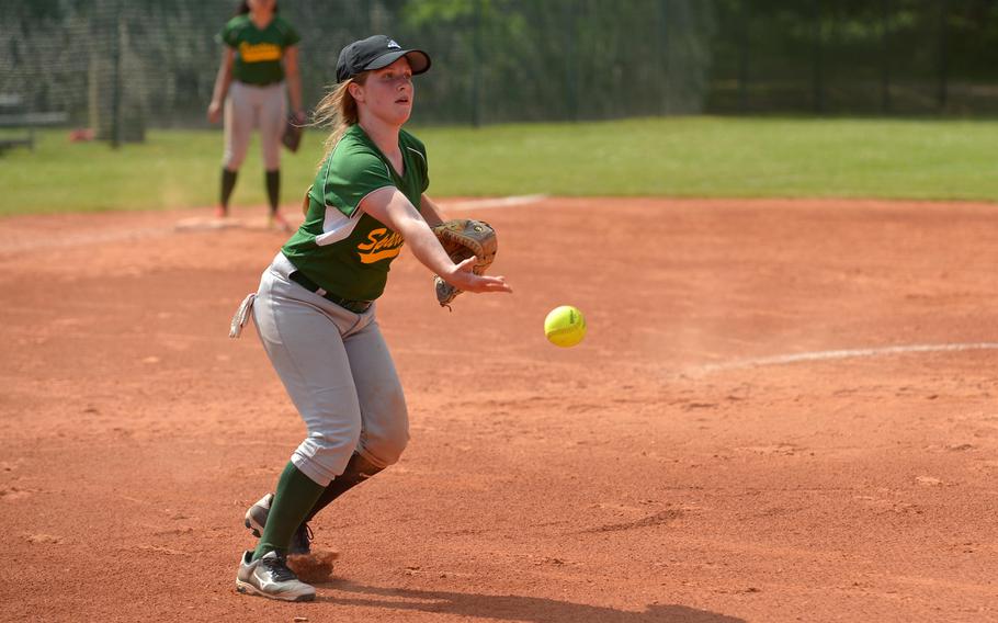 SHAPE's Hailey Van Valkenburg makes an underhand toss to first base for an out in the Spartans' 11-6 loss to Kaiserslautern in a Division II/III game at the DODEA-Europe softball championships in Ramstein, Germany, Thursday, May 26, 2016.