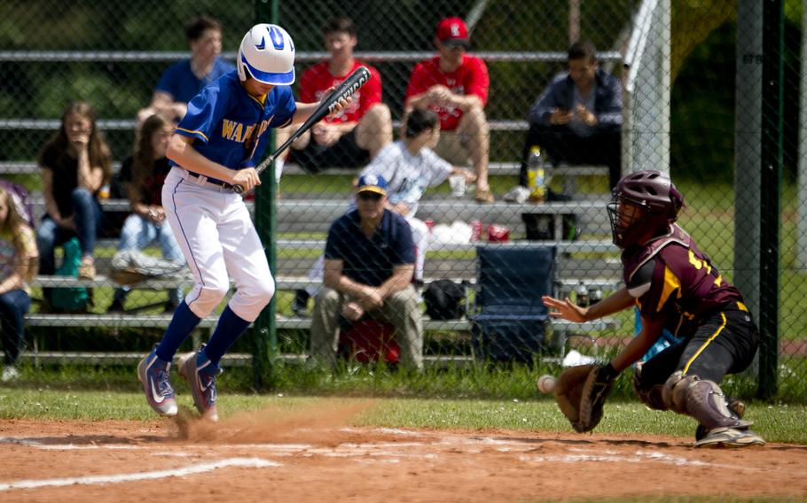 Wiesbaden's Finn Swafford avoids a pitch during the DODEA-Europe baseball tournament in Kaiserslautern, Germany, on Thursday, May 26, 2016. Wiesbaden defeated Vilseck 14-1.