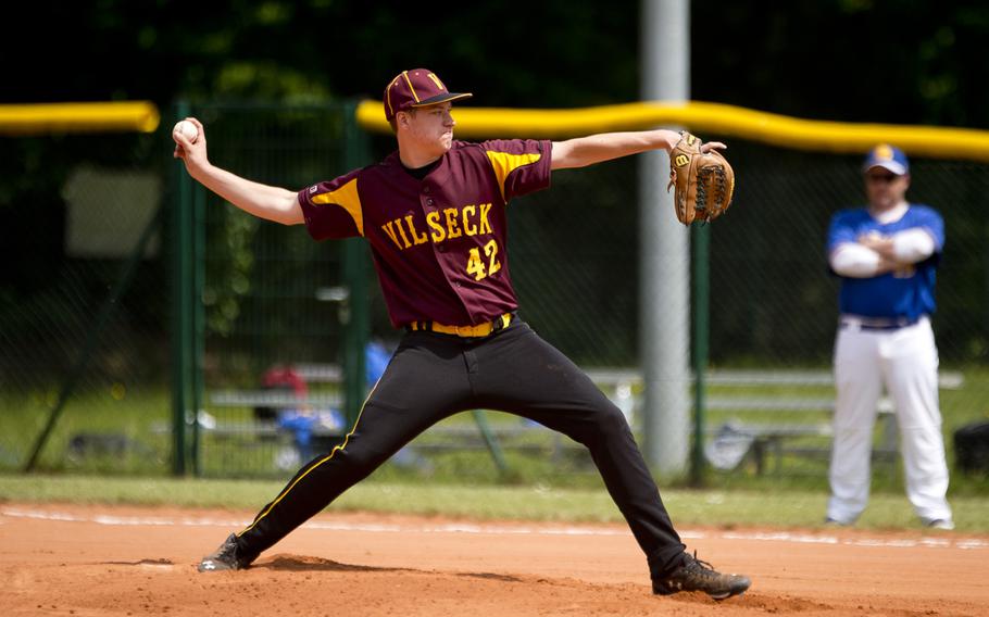 Vilseck's Michael Sieber throws a pitch during the DODEA-Europe baseball tournament in Kaiserslautern, Germany, on Thursday, May 26, 2016. Vilseck lost the Division I game to Wiesbaden 14-1.