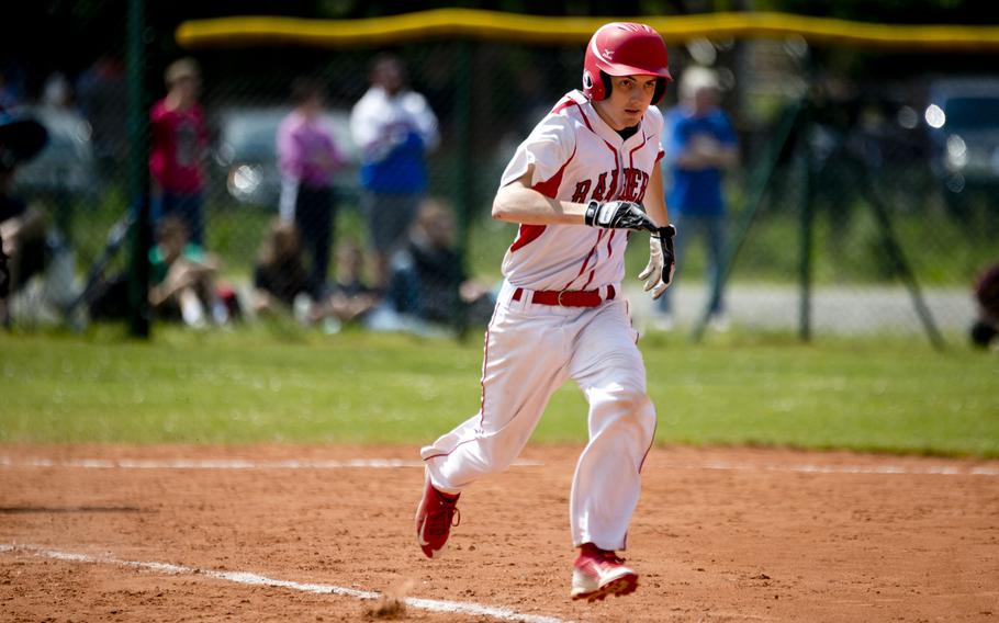 Kaiserslautern's Nick Nygren runs to first during the DODEA-Europe baseball tournament in Kaiserslautern, Germany, on Thursday, May 26, 2016. Kaiserslautern lost the Division I game 6-2.