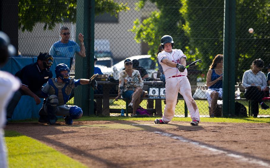 Aviano's Jacob Hitchcock gets a hit during the DODEA-Europe baseball tournament at Ramstein Air Base, Germany, on Thursday, May 26, 2016. Aviano lost the Division II/III game against Rota 16-0.
