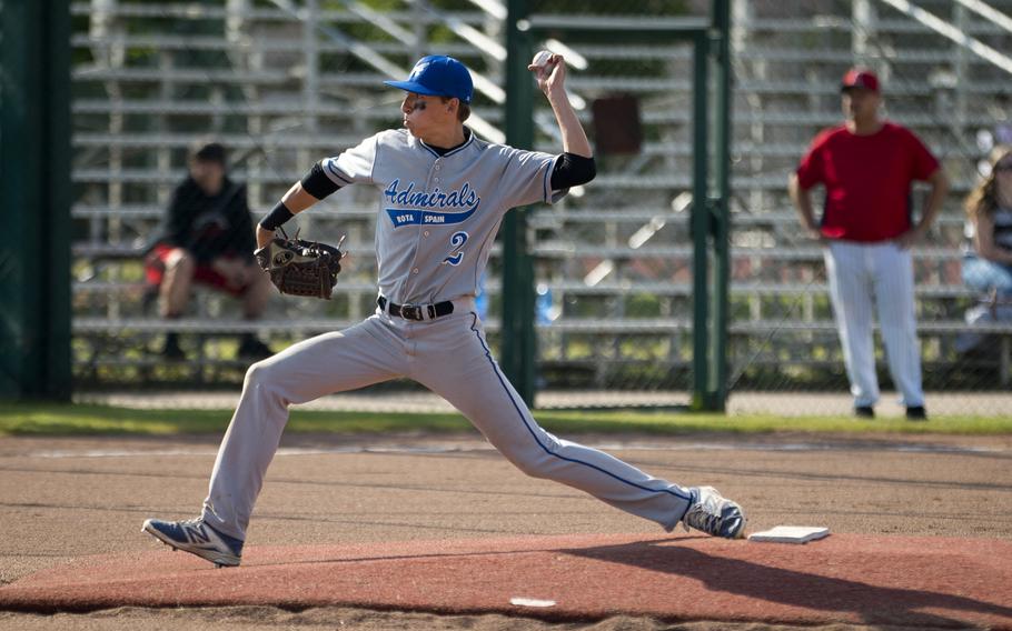 Rota's Trayton Luna pitches during the DODEA-Europe baseball tournament at Ramstein Air Base, Germany, on Thursday, May 26, 2016. Rota won the Division II/III game against Aviano 16-0.