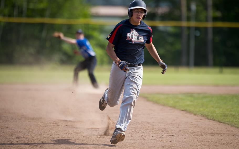 Bitburg's Elijah Mendoza runs to third during the DODEA-Europe baseball tournament at Ramstein Air Base, Germany, on Thursday, May 26, 2016. Bitburg won the Division II/III game against Hohenfels 13-0.