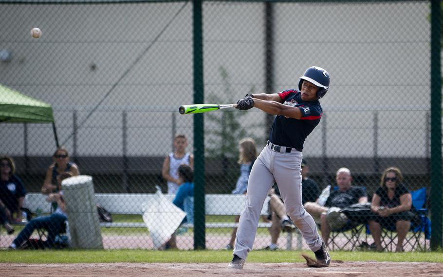 Bitburg's Ernest Carrasco gets a hit during the DODEA-Europe baseball tournament at Ramstein Air Base, Germany, on Thursday, May 26, 2016. Bitburg won the Division II/III game against Hohenfels 13-0.