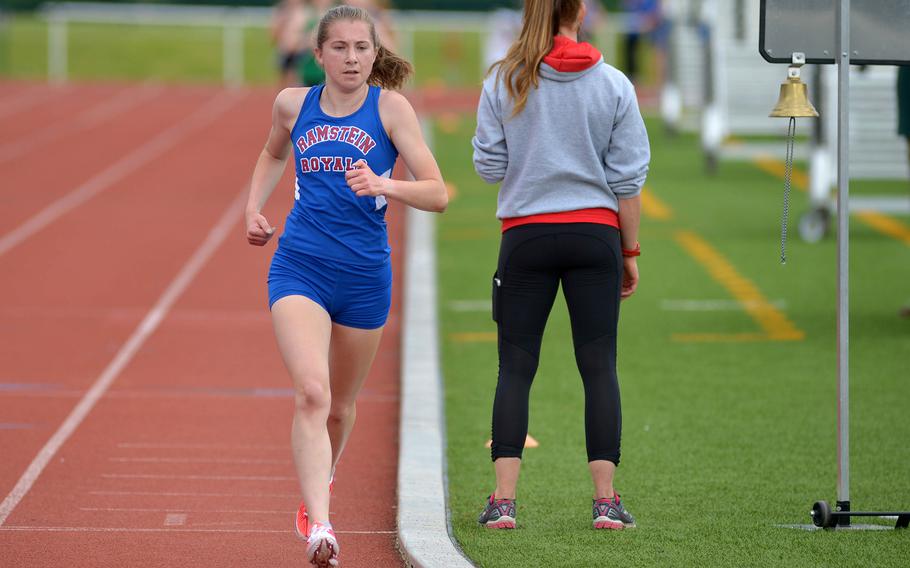 Ramstein's Katelyn Schultz is on her way to winning the girls 3,200-meter race in 11 minutes, 40.80 seconds at the DODEA-Europe track and field championships in Kaiserslautern, Germany, Friday, May 27, 2016.