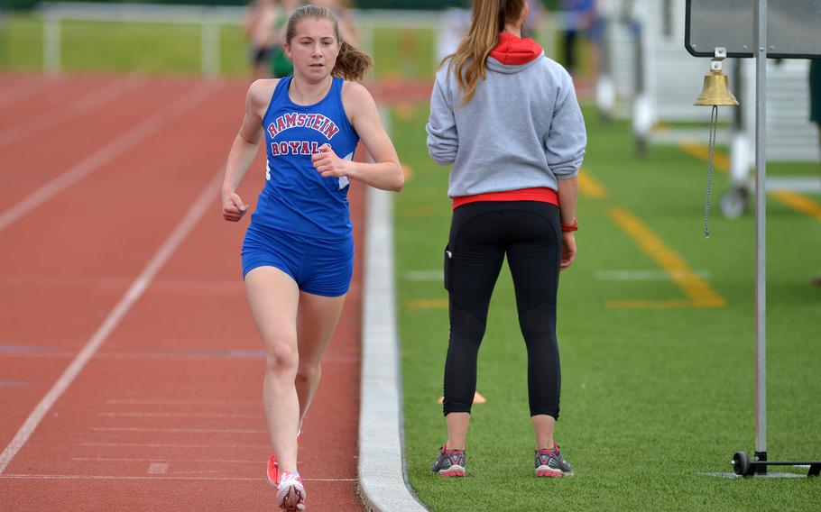 Ramstein's Katelyn Schultz is on her way to winning the girls 3,200-meter race in 11 minutes, 40.80 seconds at the DODEA-Europe track and field championships in Kaiserslautern, Germany, Friday, May 27, 2016. 