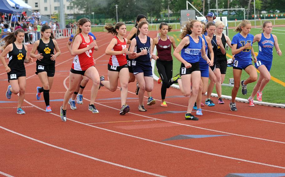 The runners are off in the girls 3,200-meter race at the DODEA-Europe track and field championships in Kaiserslautern, Germany, Friday, May 27, 2016. Ramstein's Katelyn Schultz, far right, won the race.