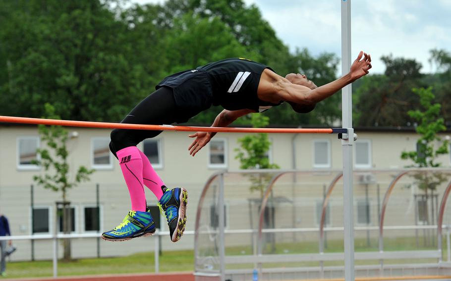 Stuttgart's Jacob Milton won the boys high jump competition with a leap of 6 feet, 8 inches at the DODEA-Europe track and field championships in Kaiserslautern, Germany, Friday, May 27, 2016.