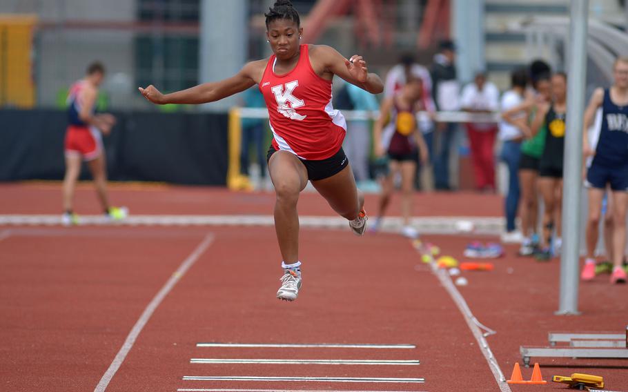 Kaiserslautern's Jada Branch won the girls triple jump, soaring 38-01feet at the DODEA-Europe track and field championships in Kaiserslautern, Germany, Friday, May 27, 2016.