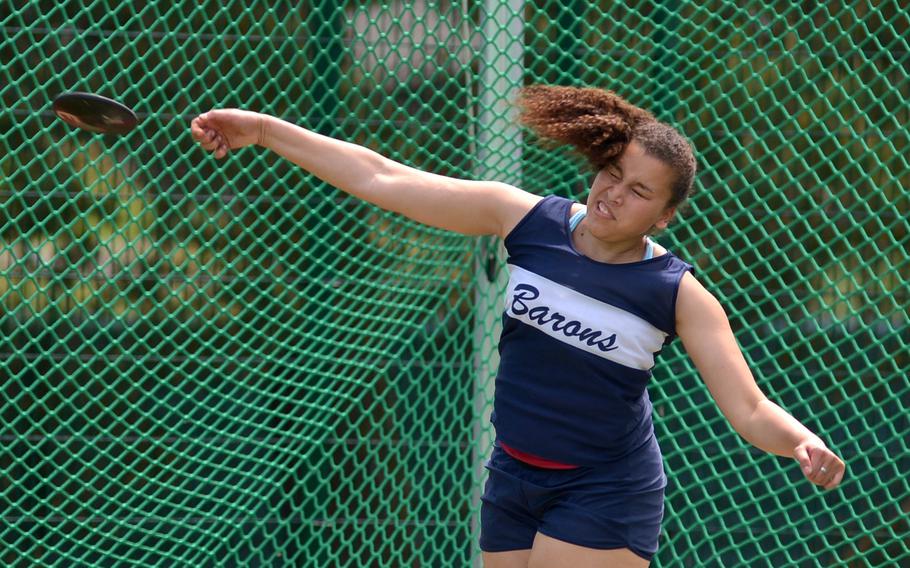 Bitburg's Elise Rasmussen tossed the discus108 feet, 9 inches to win the girls event at the DODEA-Europe track and field championships in Kaiserslautern, Germany, Friday, May 27, 2016.
