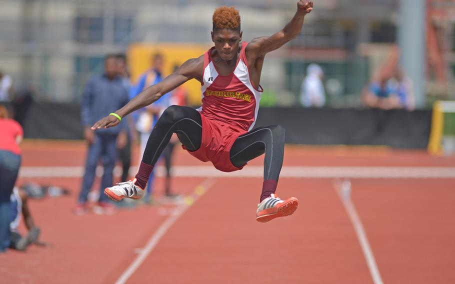 Baumholder's Nathaniel Horton soared 21 feet, 8 inches to win the boys long jump the DODEA-Europe track and field championships in Kaiserslautern, Germany, Friday, May 27, 2016.