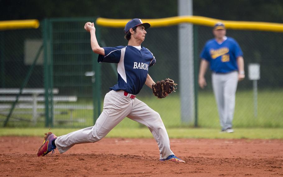 Bitburg's Trey Bowles throws a pitch during the DODEA-Europe baseball tournament in Kaiserslautern, Germany, on Friday, May 27, 2016. Bitburg won the Division II/III game 8-6.