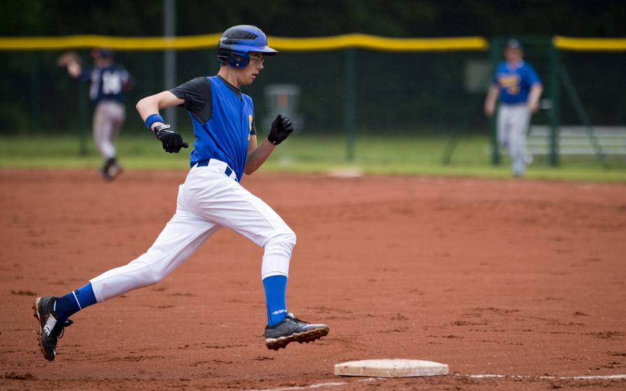 Sigonella's Alex Noack rounds third during the DODEA-Europe baseball tournament in Kaiserslautern, Germany, on Friday, May 27, 2016. Sigonella lost the game to Bitburg 8-6.