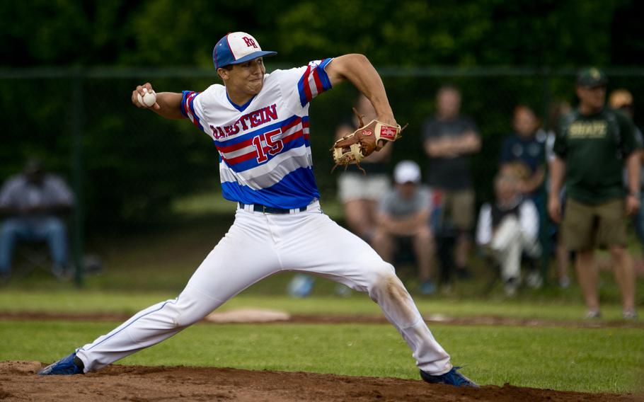 Ramstein's Jonny Oswald throws a pitch during the DODEA-Europe baseball tournament at Ramstein Air Base, Germany, on Friday, May 27, 2016. Ramstein won the Division I game against SHAPE 7-6.