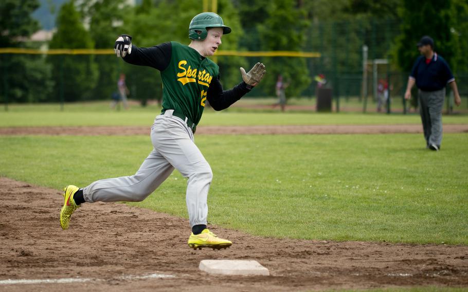 SHAPE's Shamus Phelan rounds third during the DODEA-Europe baseball tournament at Ramstein Air Base, Germany, on Friday, May 27, 2016. SHAPE lost the game 7-6.