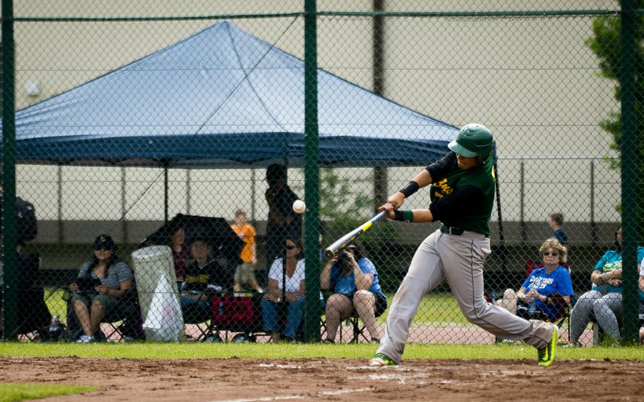 SHAPE's Travis Disla gets a hit during the DODEA-Europe baseball tournament at Ramstein Air Base, Germany, on Friday, May 27, 2016. SHAPE lost the game 7-6.