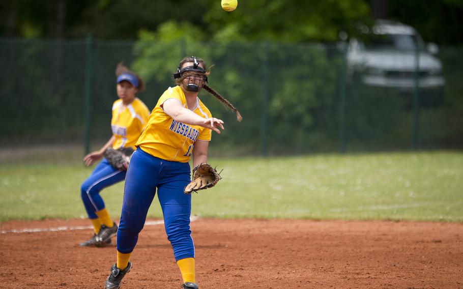 Wiesbaden's Maria Jenkins throws to first during the DODEA-Europe softball tournament at Ramstein Air Base, Germany, on Friday, May 27, 2016. Wiesbaden lost the game against Vicenza 12-9.
