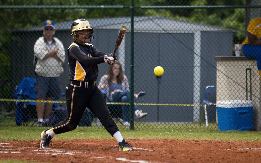 Vicenza's Alexa Rodriguez gets a hit during the DODEA-Europe softball tournament at Ramstein Air Base, Germany, on Friday, May 27, 2016. Vicenza won the Division I game against Wiesbaden 12-9.