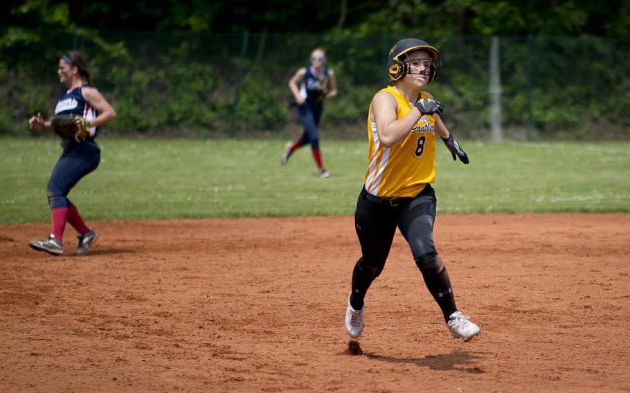 Stuttgart's Leah Fries runs to third during the DODEA-Europe softball tournament at Ramstein Air Base, Germany, on Friday, May 27, 2016. Stuttgart defeated Lakenheath 16-0.