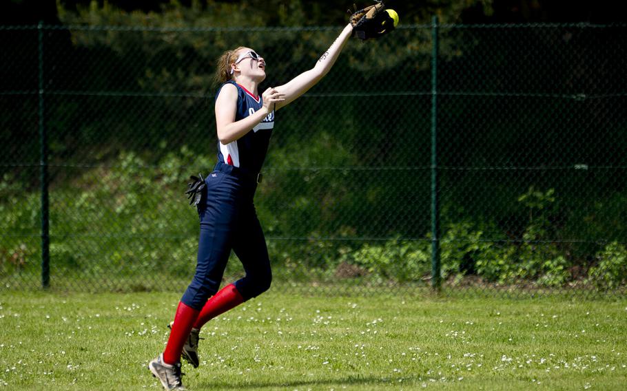 Lakenheath's Madeline Ferland jumps for a fly ball during the DODEA-Europe softball tournament at Ramstein Air Base, Germany, on Friday, May 27, 2016. Lakenheath lost the game against Stuttgart 16-0.